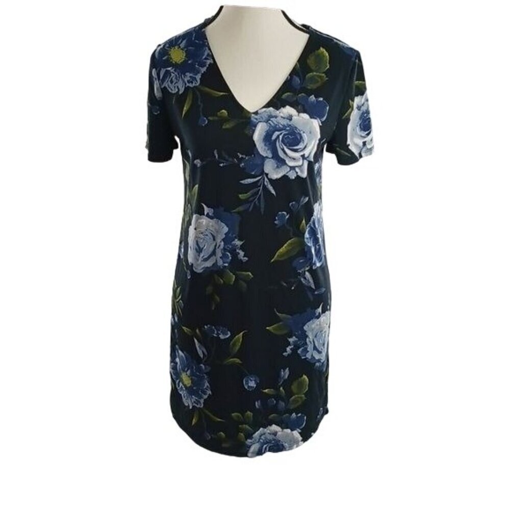Christian Siriano Womens S Dress Black Blue Floral V Neck Short Sleeve Casual